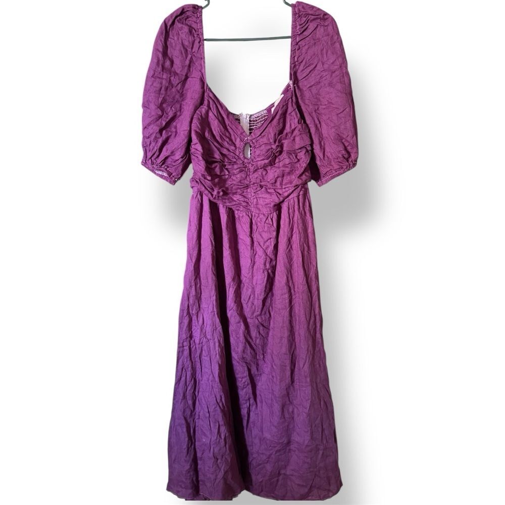 DISSH Purple Violet Linen Puff Sleeve O Ring Midi Dress